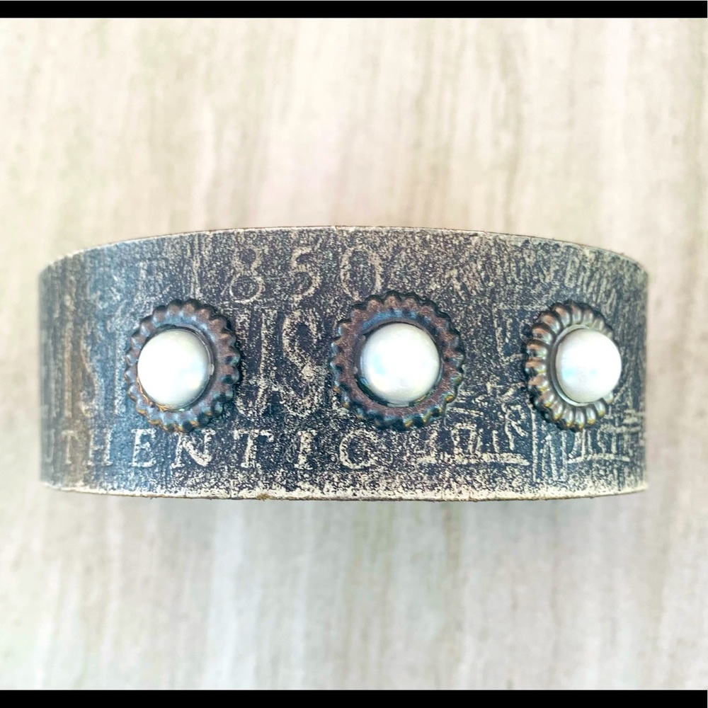 Recycled Levi belt cuff with pearls